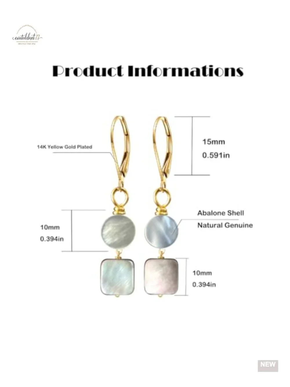 14K Yellow Gold Plated Natural Shell Dangle Drop Earrings